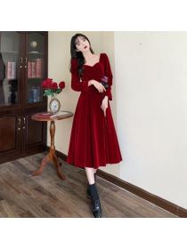 Wine red winter dress velvet dress