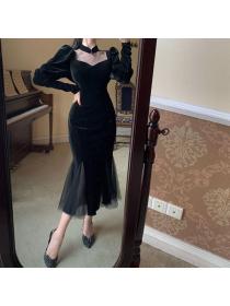 Vintage style Fashion Velvet Black Dress