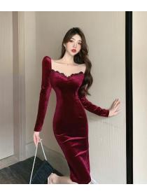 For Sale Lace Matching Velvet Fashion Dress