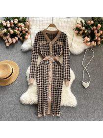 Korean style Plaid V neck Knitted Dress 