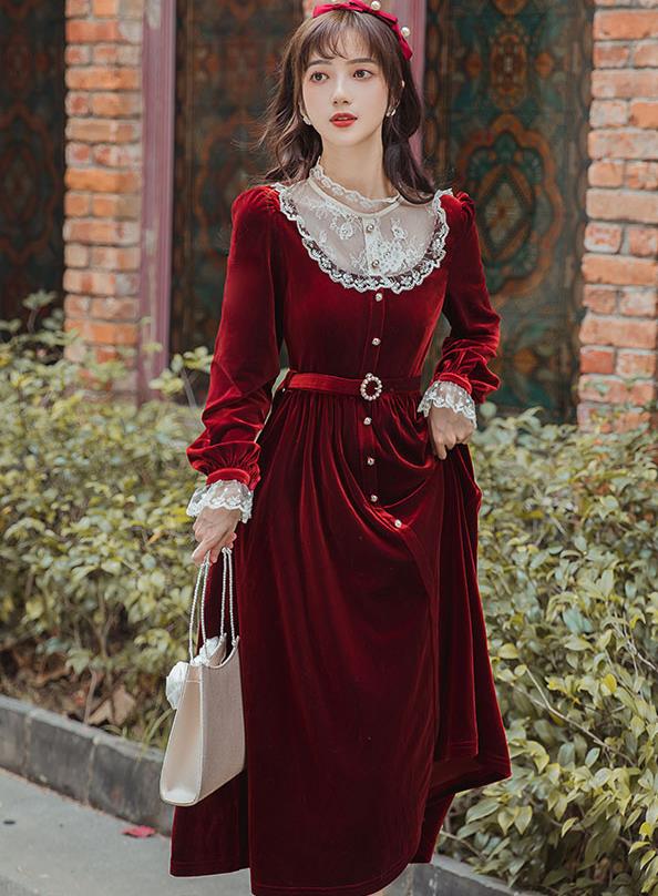 Outlet Lace Matching Velvet Fashion Dress