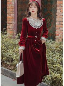 Outlet Lace Matching Velvet Fashion Dress 