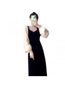 Vintage style puff sleeve black dress Slim temperament Velvet long dress