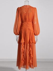 Elegant ruffled dress long-sleeved pleated Maxi dress