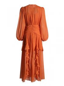 Elegant ruffled dress long-sleeved pleated Maxi dress