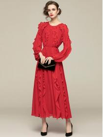 Bohemian style chiffon dress ruffled red temperament Maxi dress