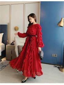Wine red Maxi dress temperament crewneck long-sleeved dress