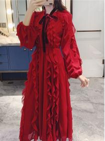 Wine red Maxi dress temperament crewneck long-sleeved dress