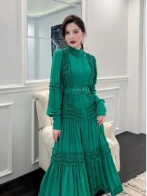 Autumn fashion Elegant Long-sleeve Green Shirt dress
