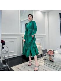 Autumn fashion Elegant Long-sleeve Green Shirt dress 