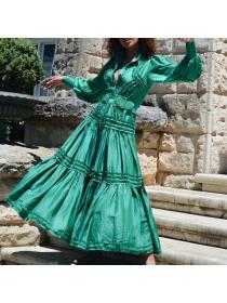 European style large swing Maxi dress drawstring retro long-sleeved shirt dress