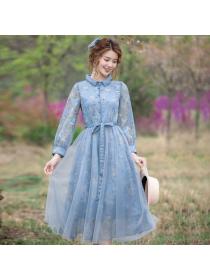 Fashion style A-line dress long-sleeved Polo collar Floral dress
