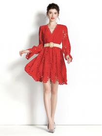 European style High waist Red Lace Dress