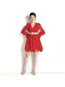 European style High waist Red Lace Dress  