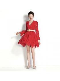 European style High waist Red Lace Dress  