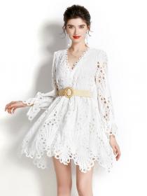 European style High waist White Lace Dress