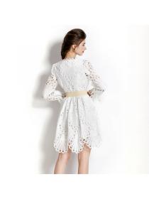 European style High waist White Lace Dress  