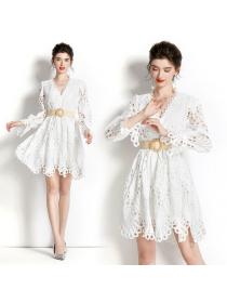 European style High waist White Lace Dress  