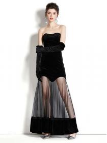 Velvet strapless Black long dress + velvet gloves