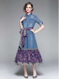 Spring fashion Floral Denim Dress 