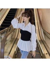 Spring women's blouse long sleeve temperament knitted fake two pieces Top