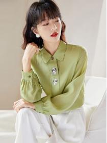Spring new Polo collar Solid color long-sleeved blouse