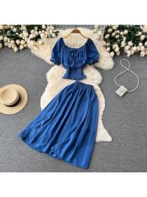Vintage style Puff sleeve High waist Solid color Two pieces set
