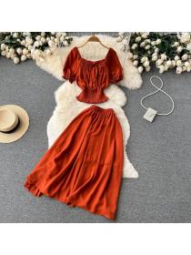 Vintage style Puff sleeve High waist Solid color Two pieces set