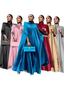 Muslim women's high neck loose Middle Eastern abaya satin dress