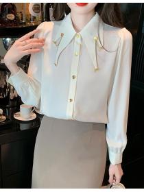 Solid color lapel chain nail beaded long-sleeved chiffon shirt top