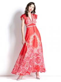 European fashion style Mandarin sleeve printed Maxi dress
