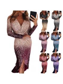 Fashion style long sleeve gradient color sequin Long dress