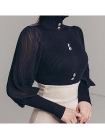 Korean Style Gauze Matching High Collars Knitting Top 