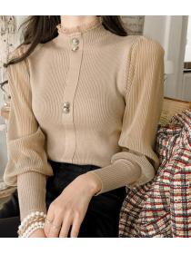 Korean Style Gauze Matching High Collars Knitting Top 