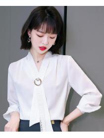 On Sale Pure Color Bowknot Matching Blouse 