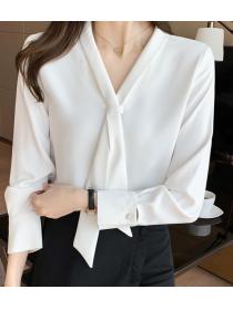 Korean Style Solid Color Bowknot Matching Blouse