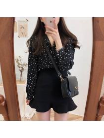 Korean style Cute Grils Dot print Long sleeved blouse 