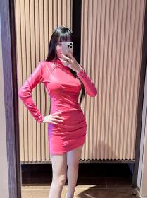 Fashion style slim Solid color long sleeve leatherette dress