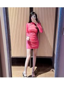 Fashion style slim Solid color long sleeve leatherette dress