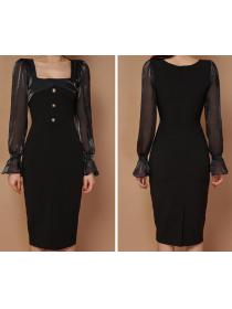  slim-fit mid-length temperament square collar stitching dress