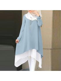 Autumn fashion fake two pieces round neck solid color long dress loose Muslim dress