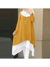 Autumn fashion fake two pieces round neck solid color long dress loose Muslim dress