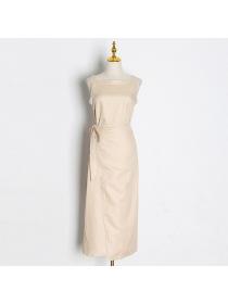 Lace-up waist sleeveless slit slim suspender dress