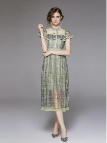 Luxury dark green gauze dress elegant temperament lady Embroidered dress