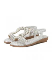 Summer new large size sandals female pearl decorative flat shoes beach sandals