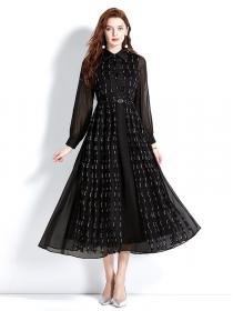 European style Lantern sleeve Fashion Embroidery Black Maxi dress