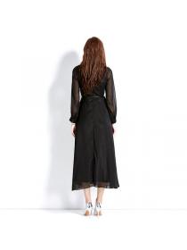 European style Lantern sleeve Fashion Embroidery Black Maxi dress 