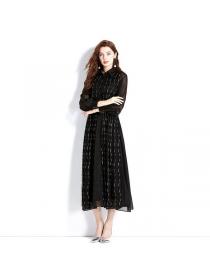 European style Lantern sleeve Fashion Embroidery Black Maxi dress 