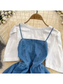 Pleated puff sleeve short sleeve top+ A-line suspender denim dress