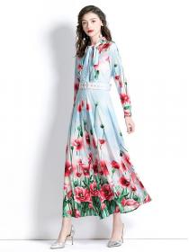 Summer fashion Silk Long sleeve Floral Dress